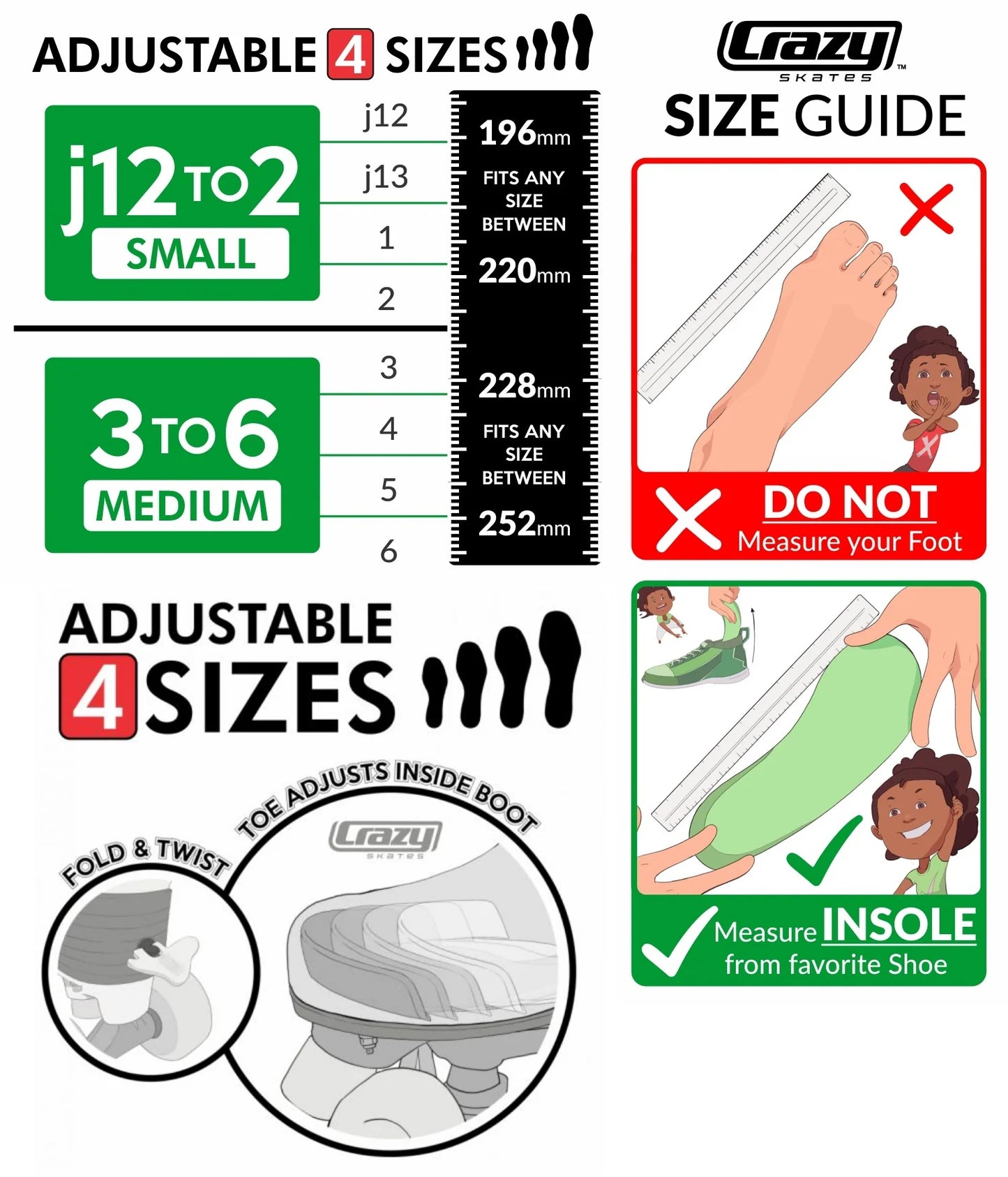 Crazy Adjustable Retro Roller Skates Black