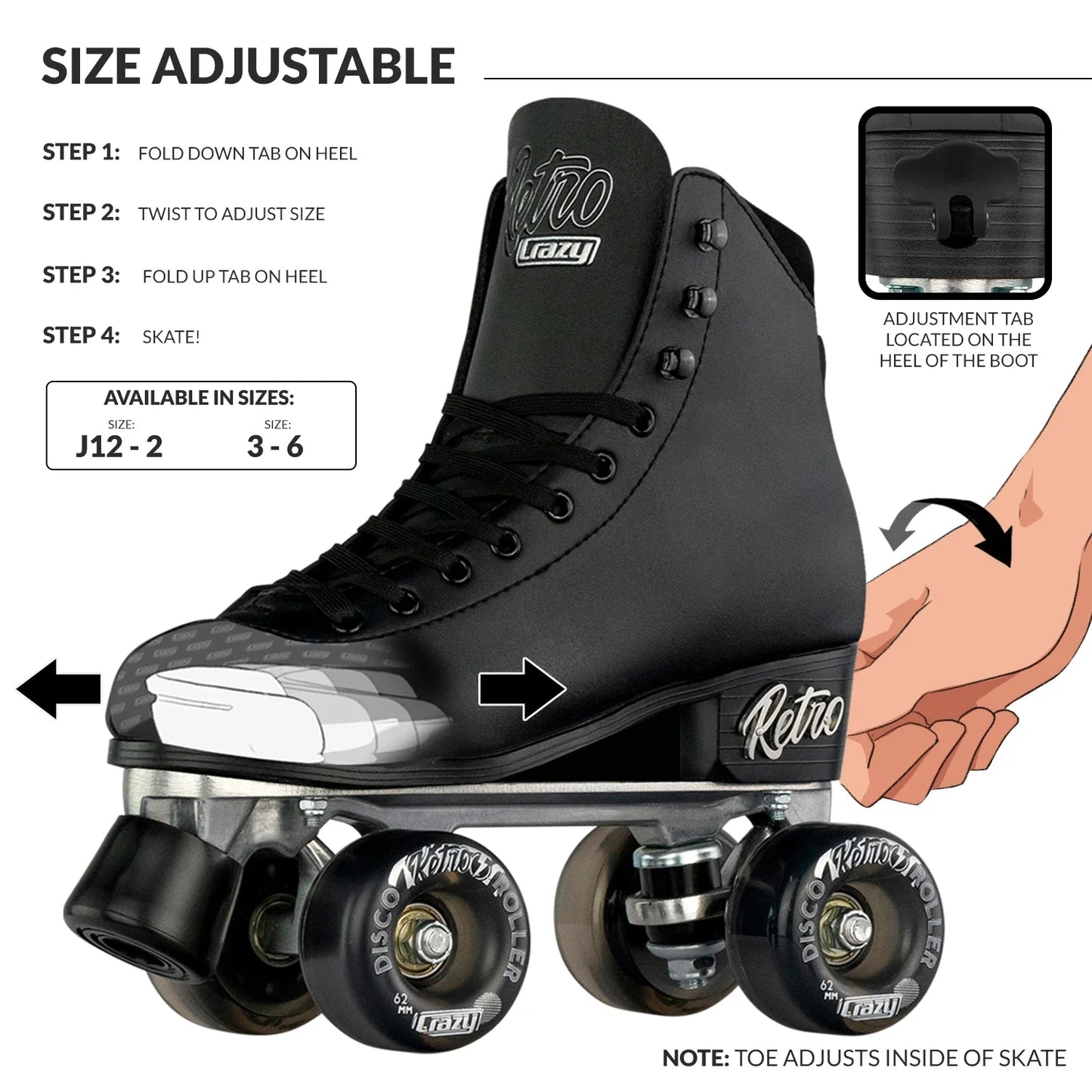 Crazy Adjustable Retro Roller Skates Black