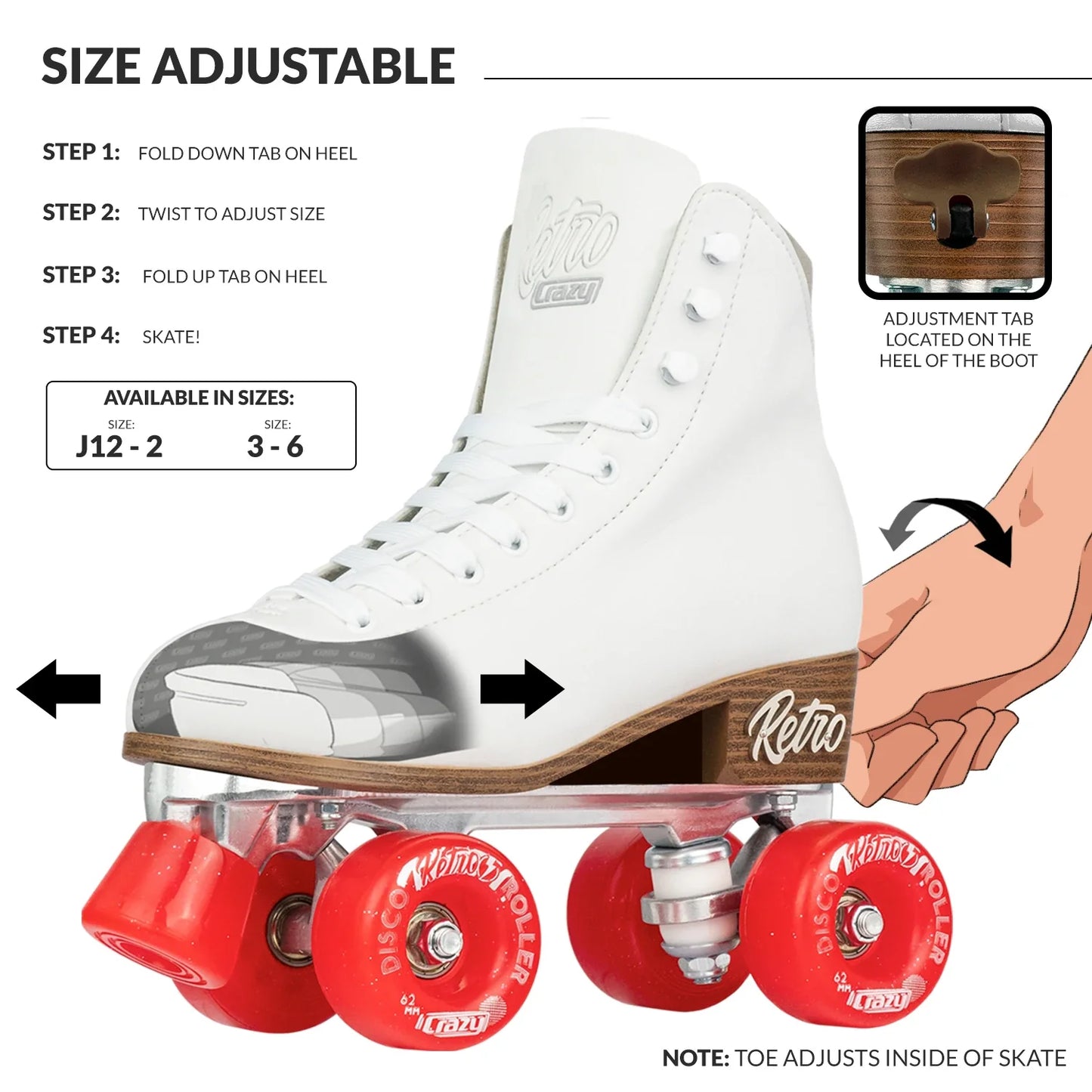Crazy Adjustable Retro Roller Skates White
