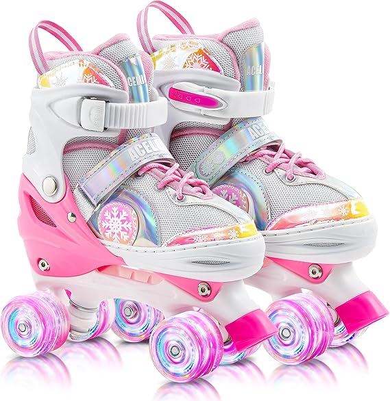 Magic Acelufly Kids Adjustable Holographic Roller Skates with Light up Wheels