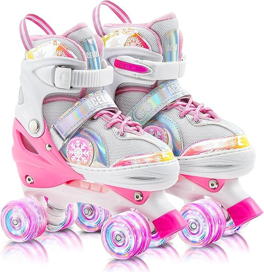 Magic Acelufly Kids Adjustable Holographic Roller Skates with Light up Wheels