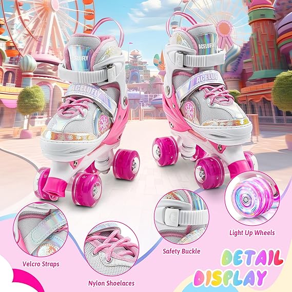 Magic Acelufly Kids Adjustable Holographic Roller Skates with Light up Wheels