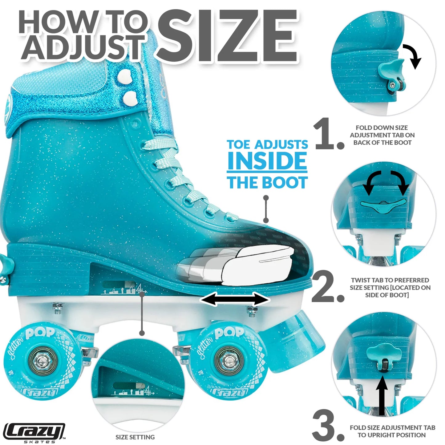 Glitter Pop Adjustable Roller Skates Teal